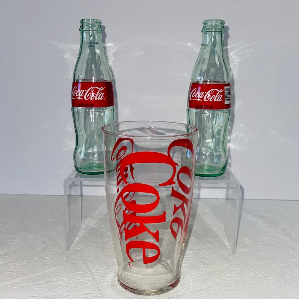 VTG Coca-Cola Glassware Set Red Script Tumbler 2 Georgia Green Glass Bottles 8Oz